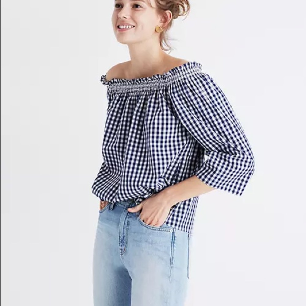 Madewell Smocked Gingham Off-the-Shoulder Checkered Top Size Small
